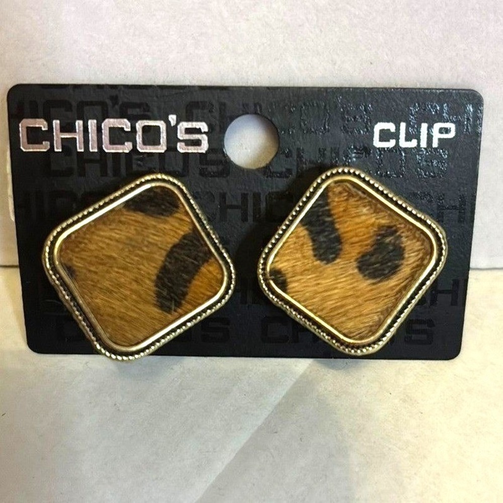 Chicos Clip On Earrings Leopard Print Calf Hair Gold Tone Square NWT New Jewelry